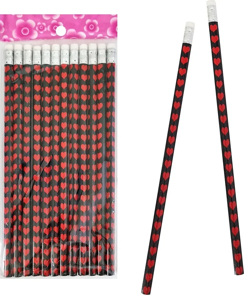 Bleistifte mit Herzmotiv und Radiergummi, 12er Set, 19 cm