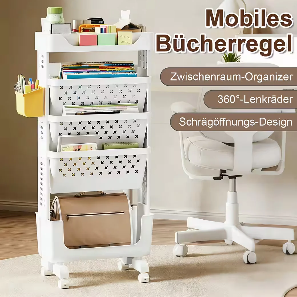 OSTWOLKE Bücherregal mit Rollen 5 Ebenen schmaler Aufbewahrungswagen