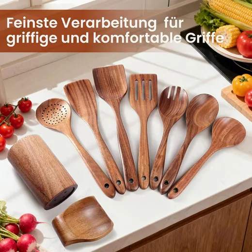 SURFOU Kochbesteck Küchenhelfer-Set Akazienholz 9-teilig mit Ständer