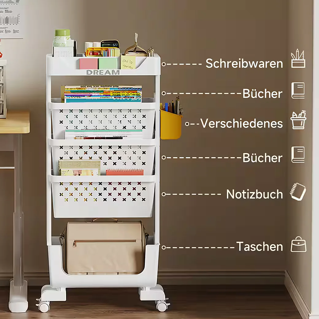 OSTWOLKE Bücherregal mit Rollen 5 Ebenen schmaler Aufbewahrungswagen