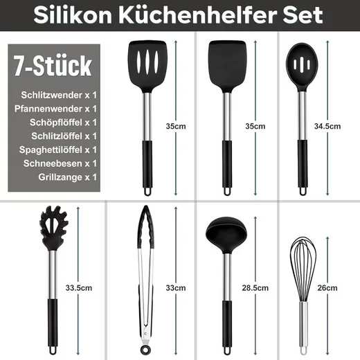 LUXUSKOLLEKTION Kochbesteck Set 7tlg Silikon schwarz Edelstahlgriff