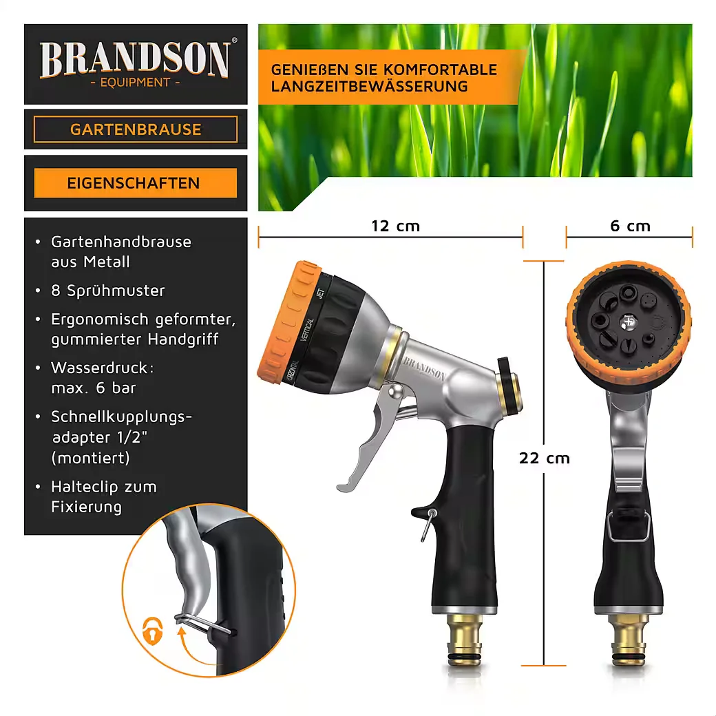 Brandson Gartenbrause Metall Handbrause 8 Sprühmuster Gartenpistole