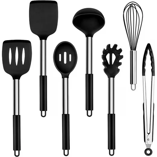 LUXUSKOLLEKTION Kochbesteck Set 7tlg Silikon schwarz Edelstahlgriff